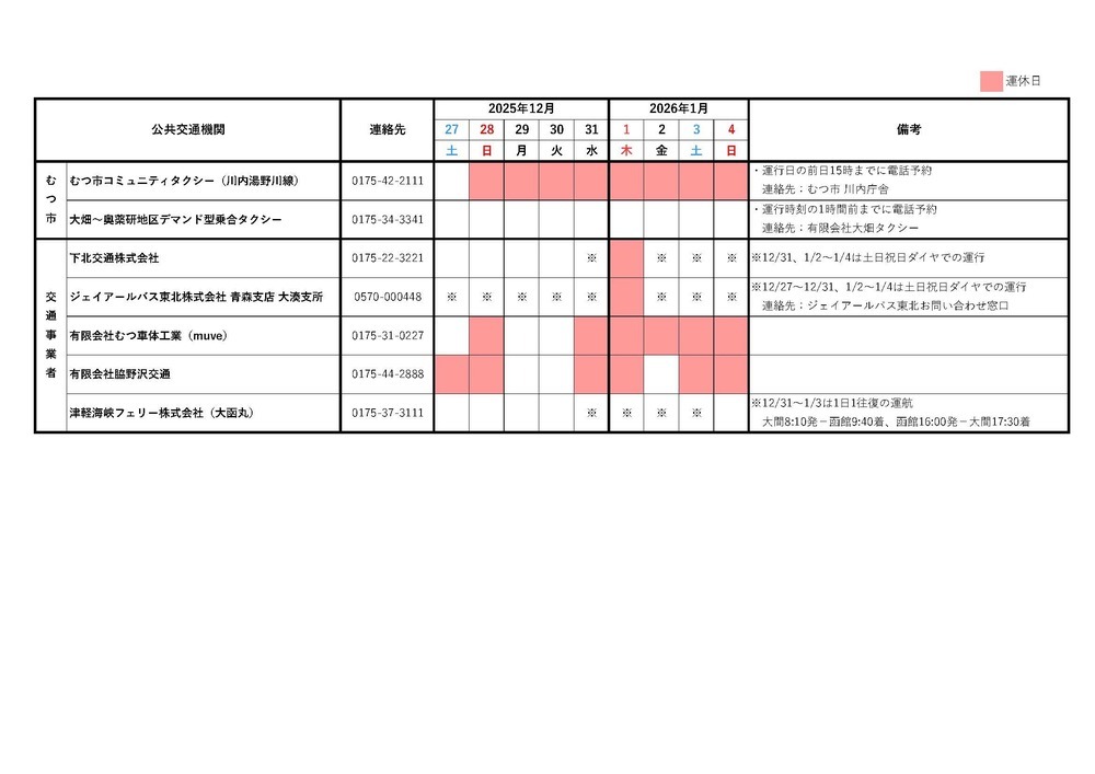 令和6年度年末年始の運行情報