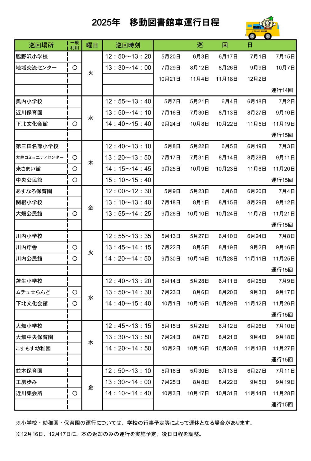 令和７年度移動図書館車運行日程