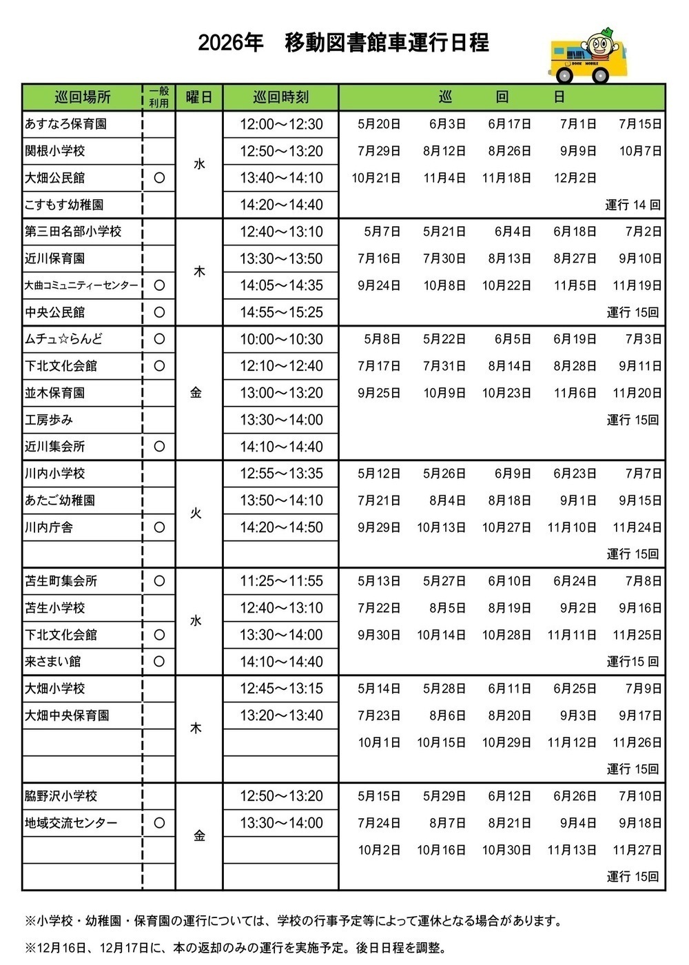令和８年度移動図書館車運行日程